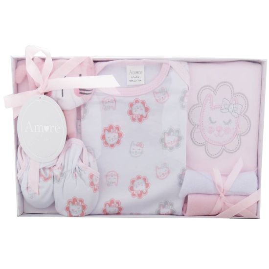 Pink & Ivory 6PC Cat Print Boxed Layette Set