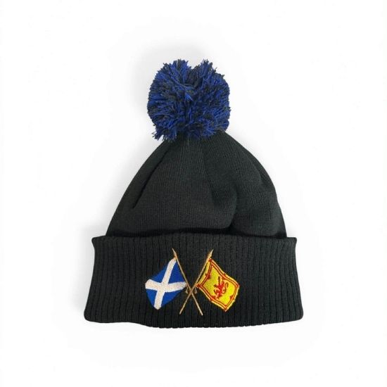 Scottish Flag Pom Pom Beanie, Black Knit Winter hat with Crossed Scotland Flag Embroidery