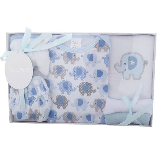 Blue & Ivory 6PC Elephant Print Boxed Layette Set