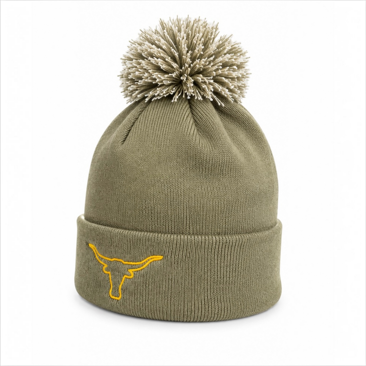 Olive Green Longhorn Cow Head Pom Pom Hat