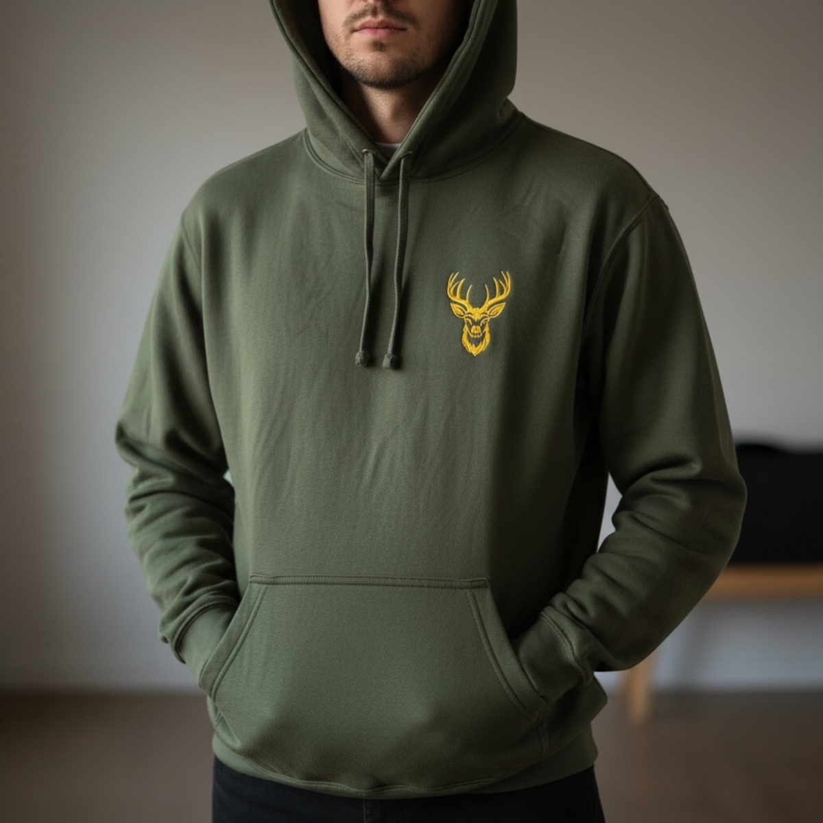 Men’s Olive green Hoodie with an embroidered Stag Head design