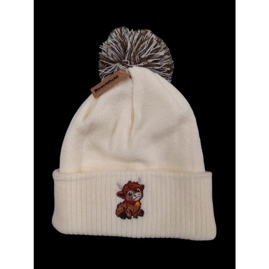Pom Pom Beanie Hat with a Highland Cow Design