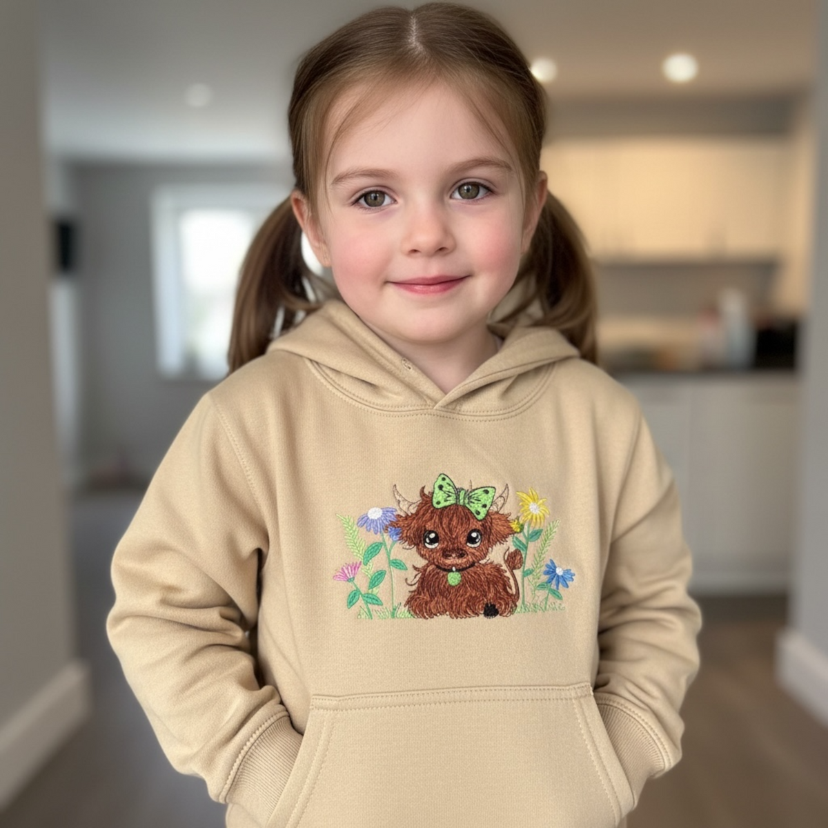 Childs Hoodie embroidered with a Highland Cow and Flowers