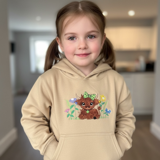Childs Hoodie embroidered with a Highland Cow and Flowers