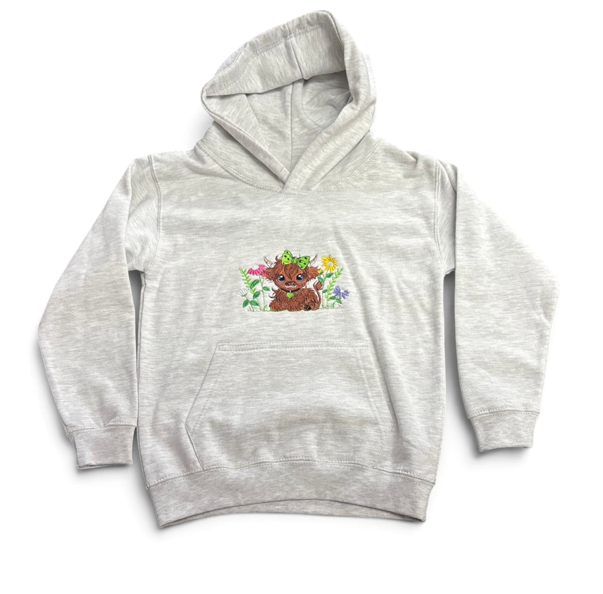 Childs Hoodie embroidered with a Highland Cow and Flowers
