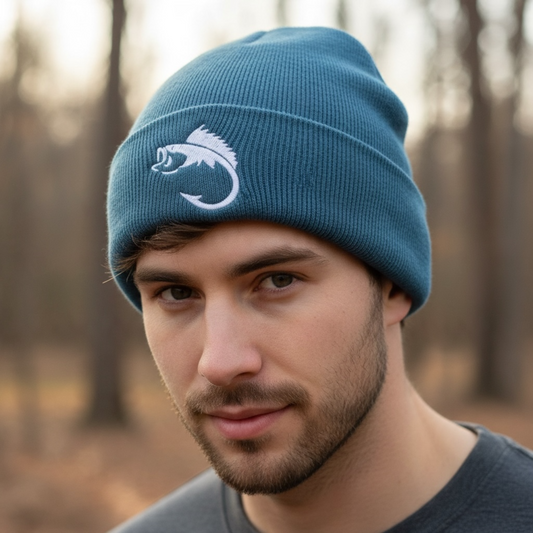 Men's Beanie hat with Embroidered Fishing Hook Design