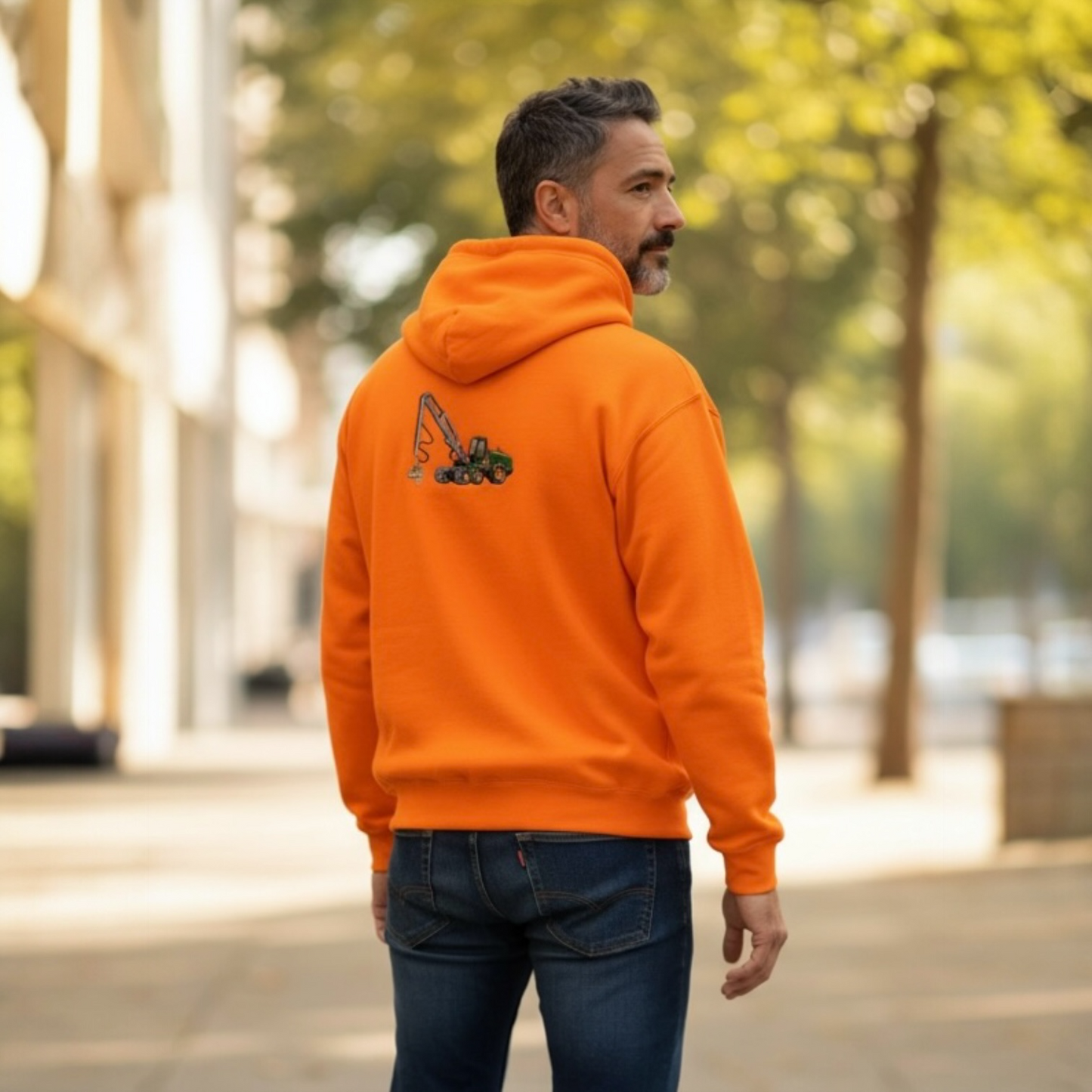 Forestry Harvester Embroidered Hoodie, Neon Orange Workwear Hoodie