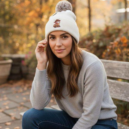 Pom Pom Beanie Hat with a Highland Cow Design
