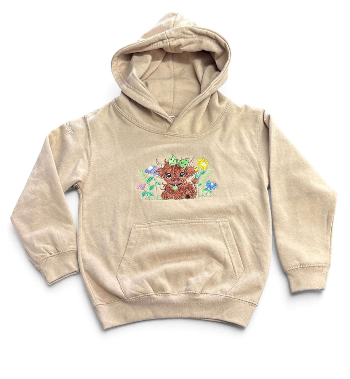 Childs Hoodie embroidered with a Highland Cow and Flowers