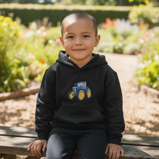 Kids Hoodie Embroidered with a Blue Tractor