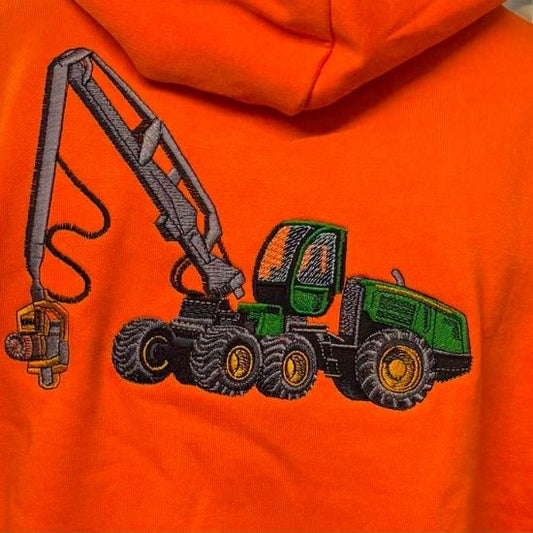 Forestry Harvester Embroidered Hoodie, Neon Orange Workwear Hoodie