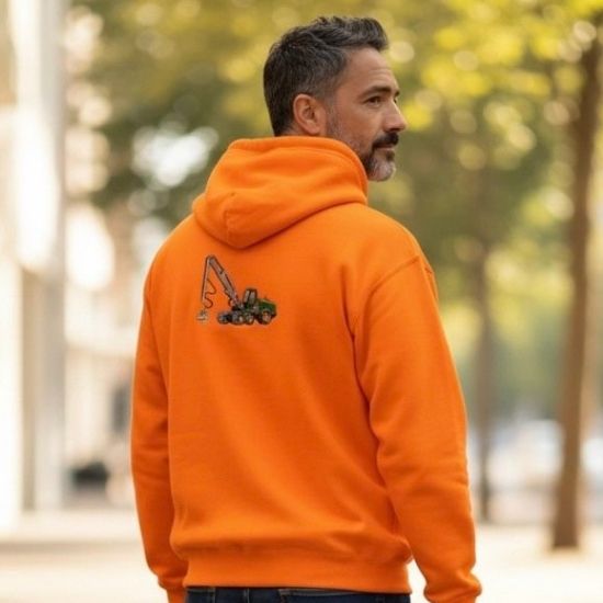 Forestry Harvester Embroidered Hoodie, Neon Orange Workwear Hoodie