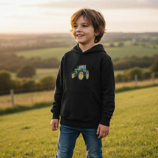 Kids Hoodie Embroidered with a Green Tractor