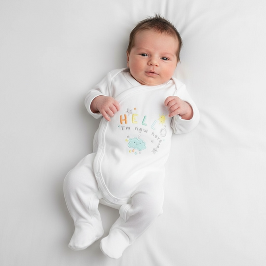 All In One 'Hello I'm New Here' Sleepsuit