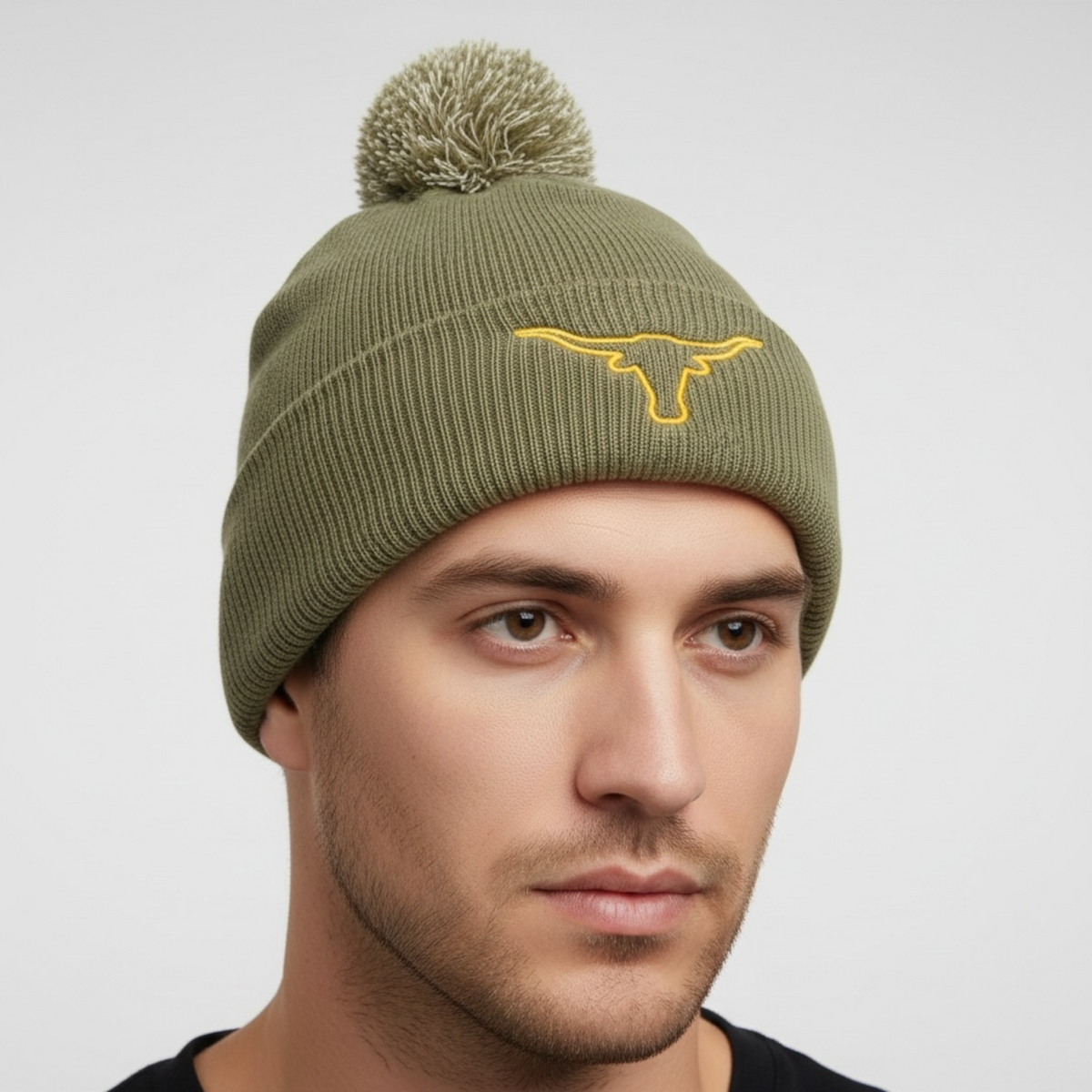 Olive Green Longhorn Cow Head Pom Pom Hat