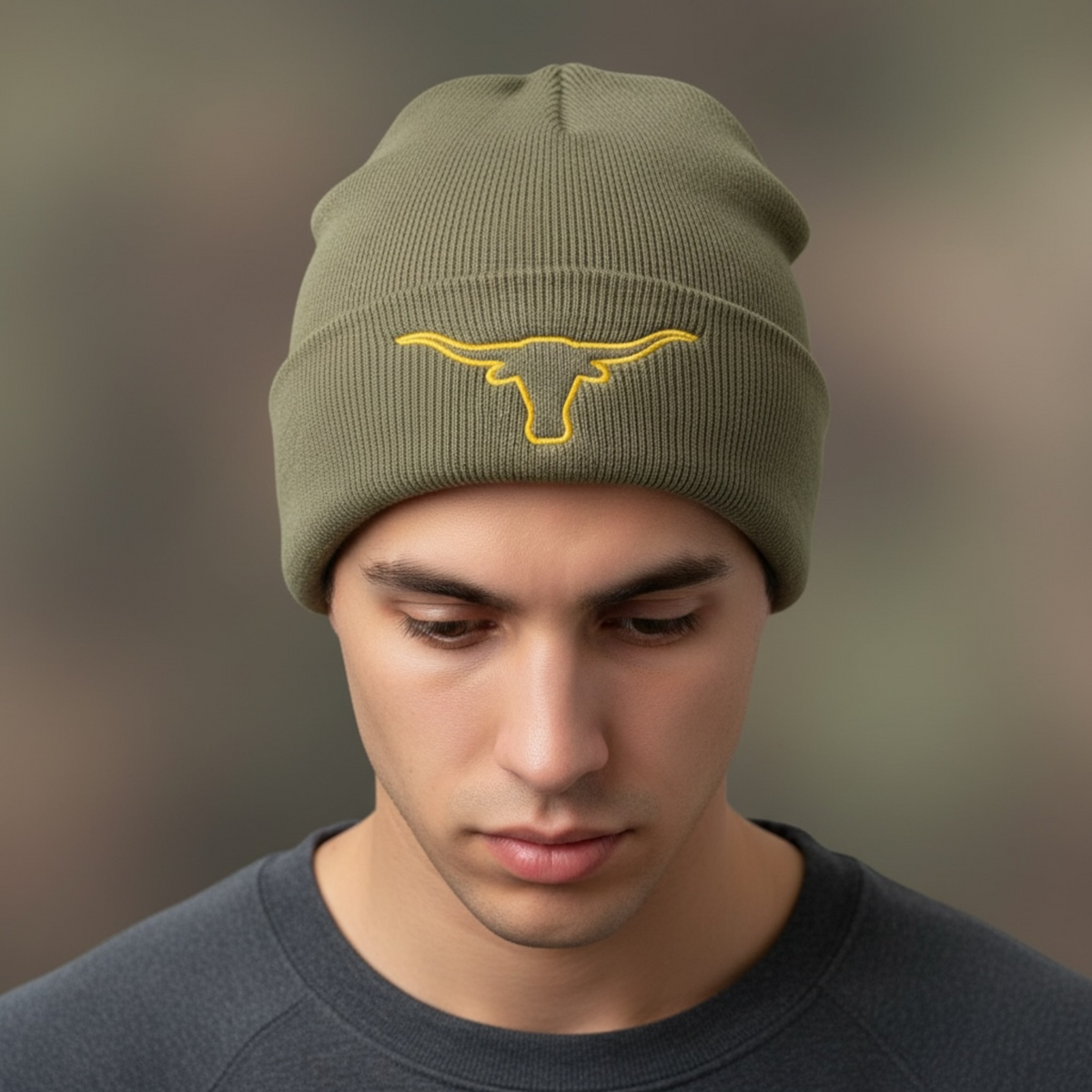 Olive Green Longhorn Cow Head Beanie Hat