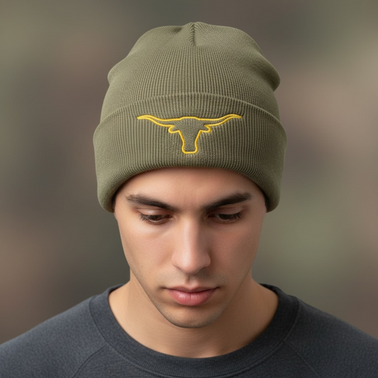 Olive Green Longhorn Cow Head Beanie Hat