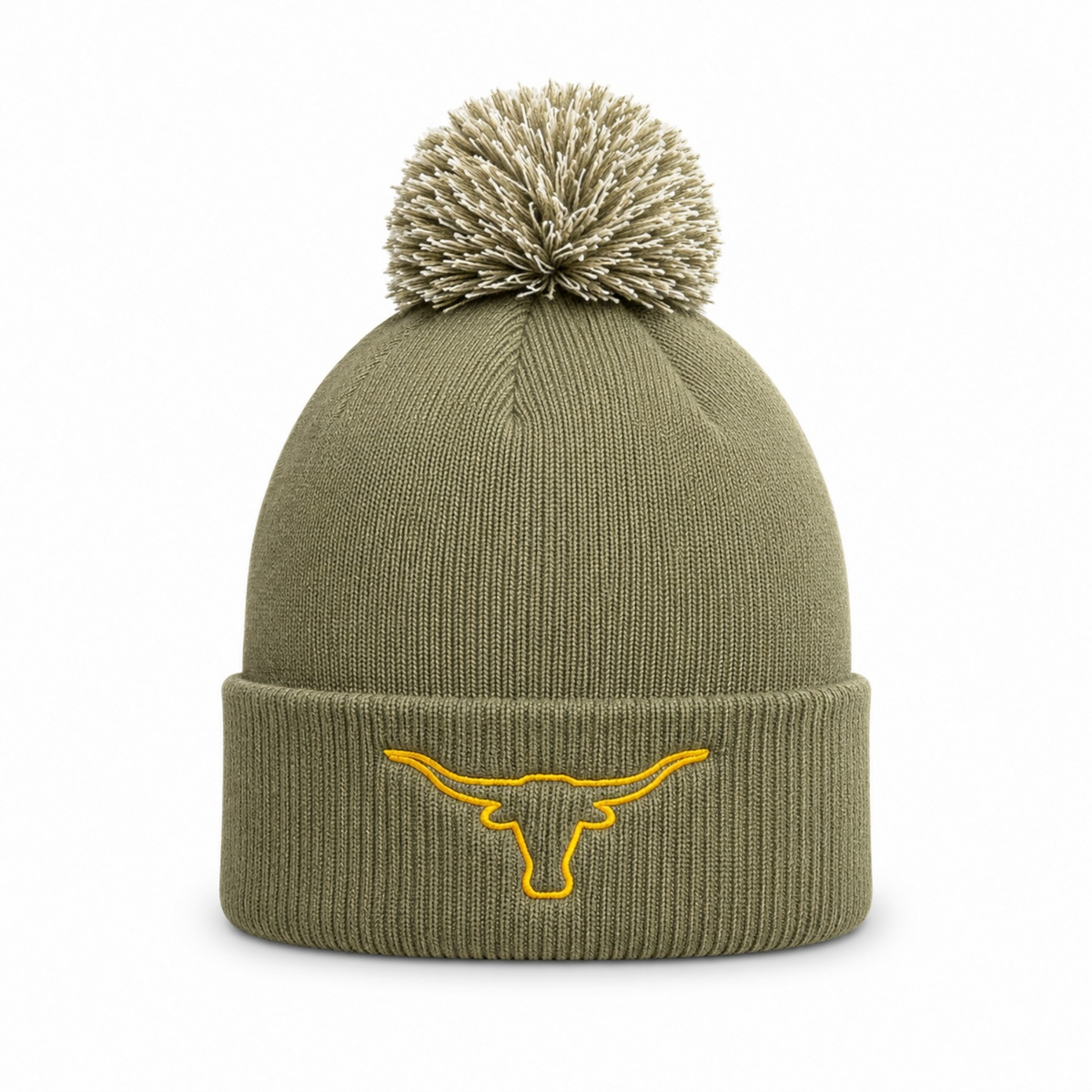 Olive Green Longhorn Cow Head Pom Pom Hat