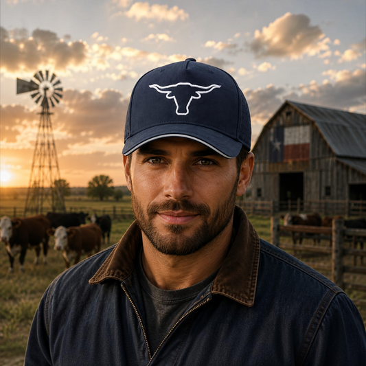 Navy Cap Embroidered with a white Longhorn