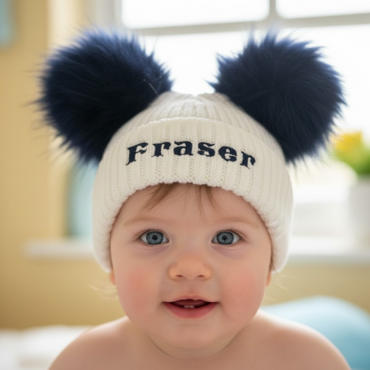 Navy Double Pom Pom Baby Hat