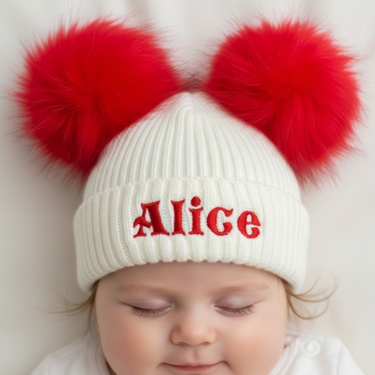 Red Double Pom Pom Baby Hat