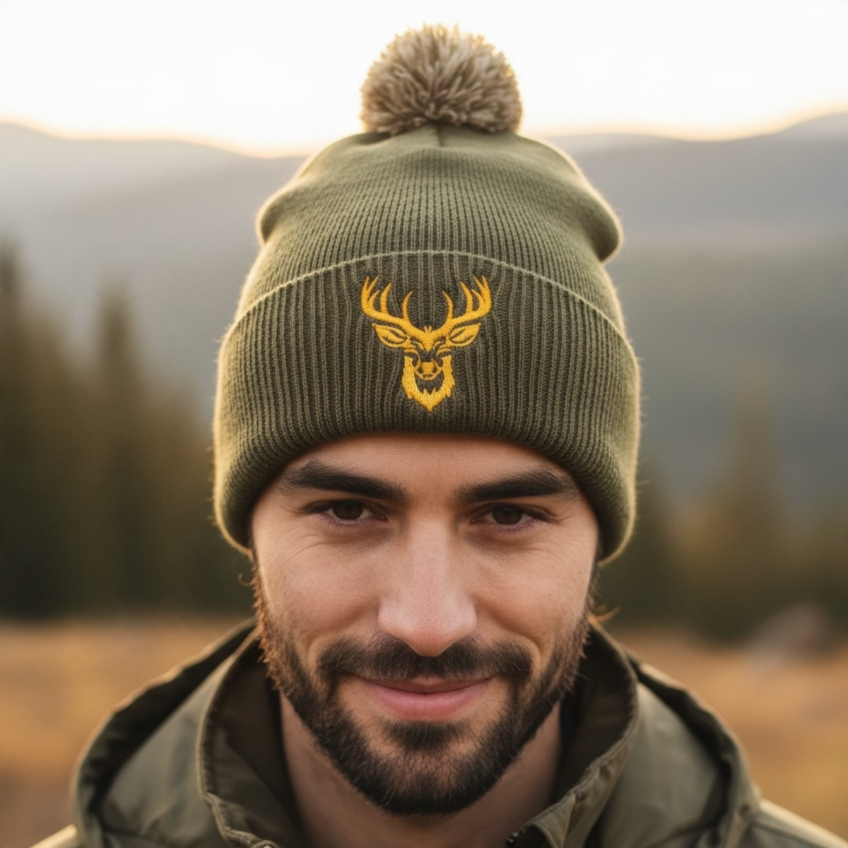 Olive Green Stag Head Pom Pom Hat