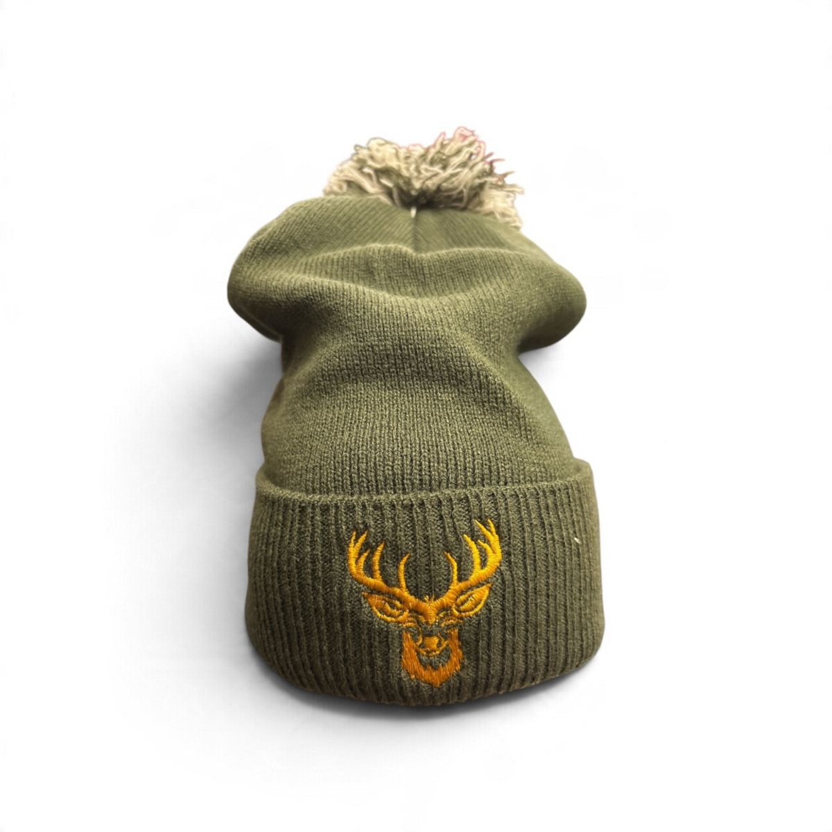 Olive Green Stag Head Pom Pom Hat