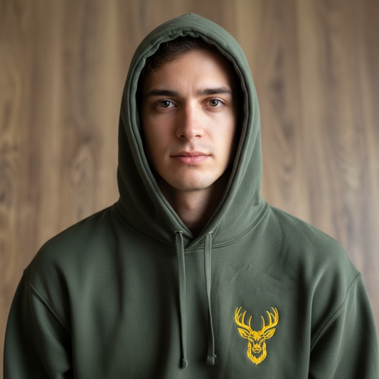 Men’s Olive green Hoodie with an embroidered Stag Head design