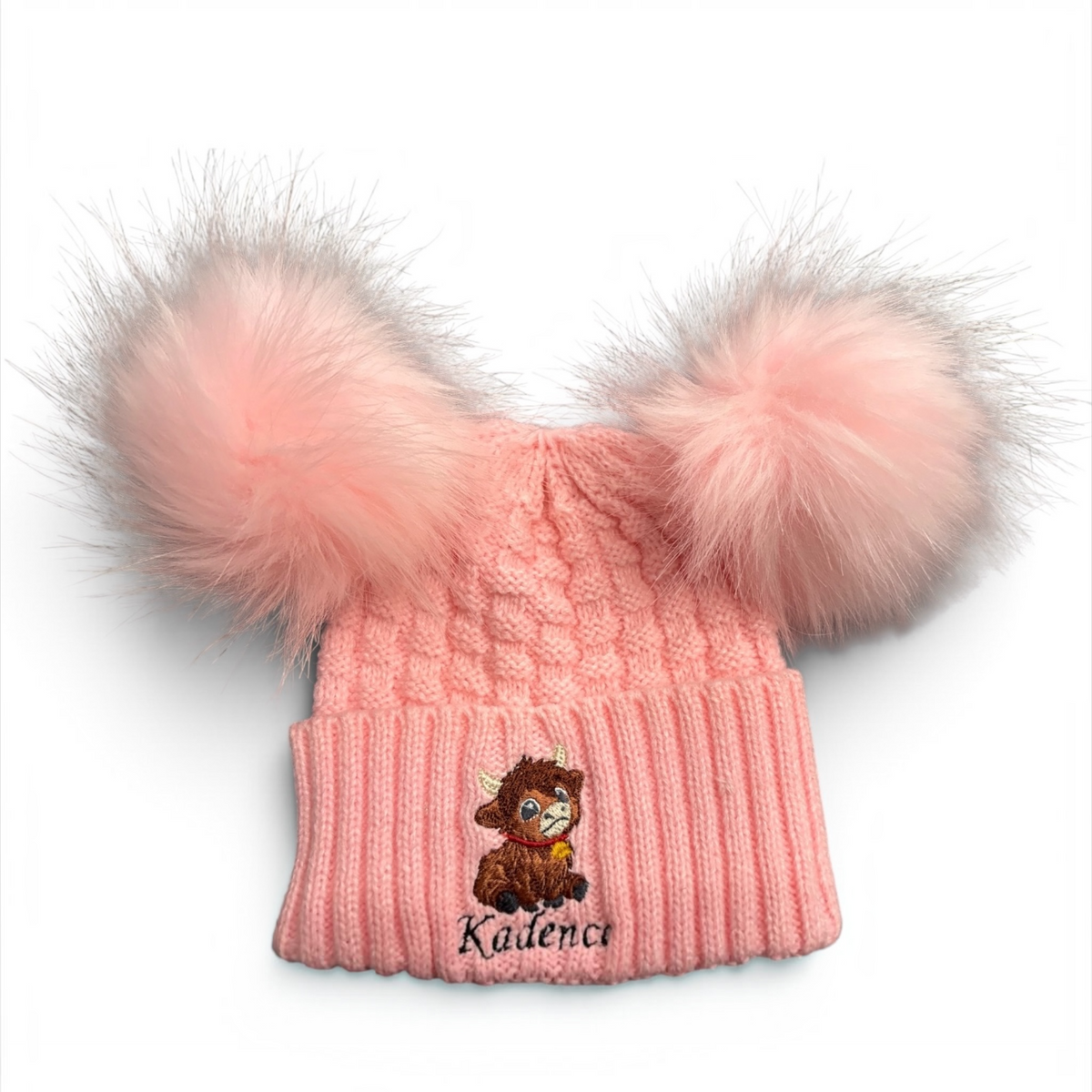 Baby Double Pom Pom Hat with Highland Cow Design, 0-12 Months