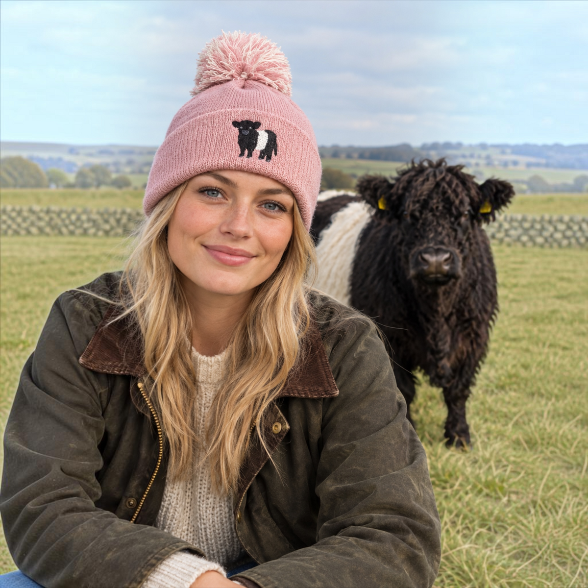 Bobble hat with Belted Galloway Cow Embroidered Design