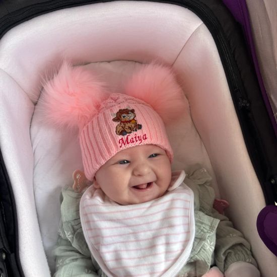 Baby Double Pom Pom Hat with Highland Cow Design