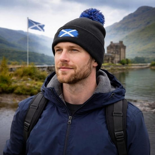Scottish Flag Pom Pom Beanie, Black Knit Winter hat with Scotland Flag Embroidery