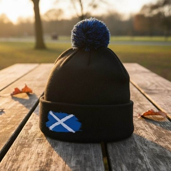Scottish Flag Pom Pom Beanie, Black Knit Winter hat with Scotland Flag Embroidery