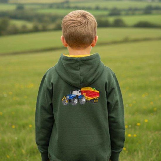 Kids Hoodie Embroidered with a Tractor and Silage Trailer