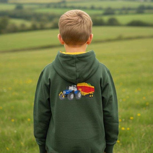 Kids Hoodie Embroidered with a Tractor and Silage Trailer