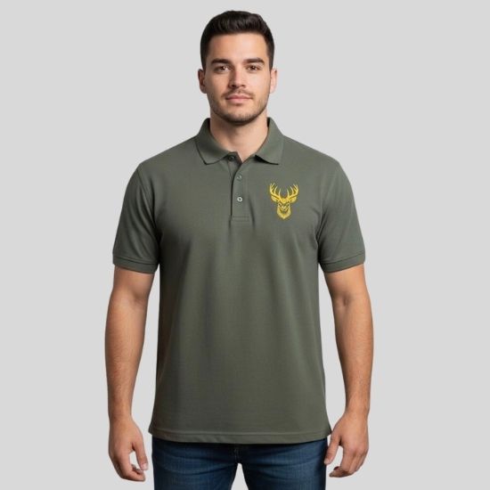 Men’s Olive green T shirt with an embroidered Stags Head design