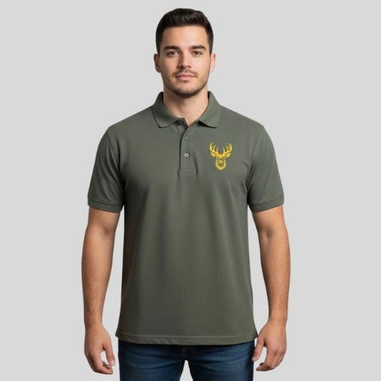 Men’s Olive green T shirt with an embroidered Stags Head design